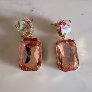BaubleBar sparkly drop earrings. Pink and iridescent.